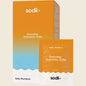 Sodii Salty Mandarin 30-pack box and single sachet of everyday hydration salts with electrolyte icons.