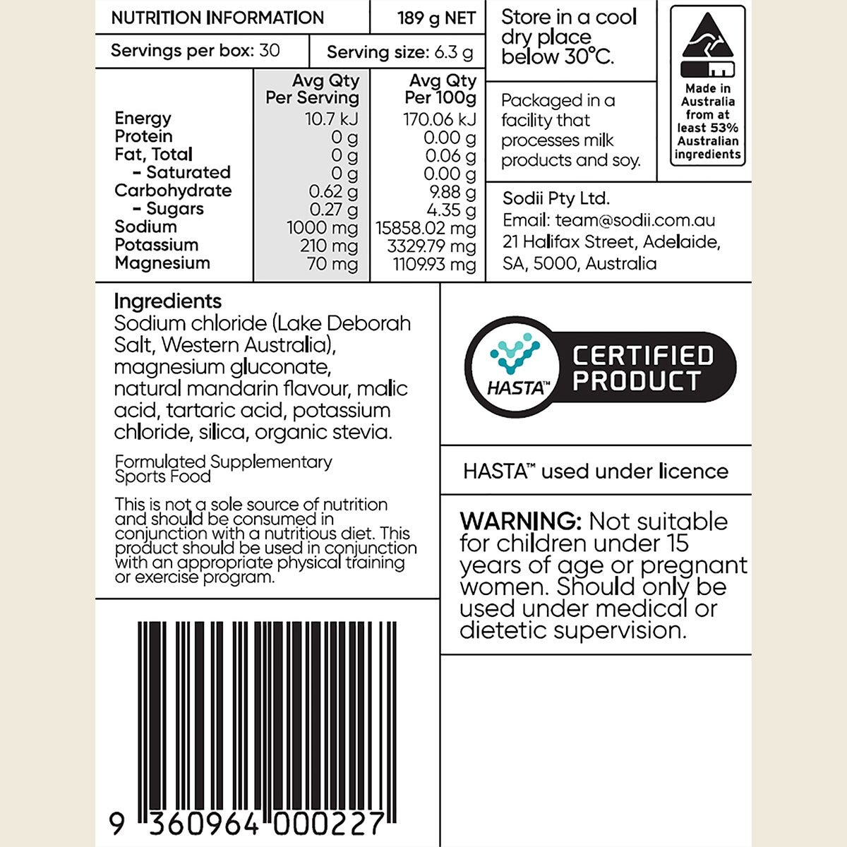 Nutrition information panel for Sodii Salty Mandarin hydration salts, listing electrolytes and ingredients.