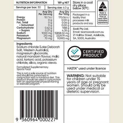 Nutrition information panel for Sodii Salty Mandarin hydration salts, listing electrolytes and ingredients.