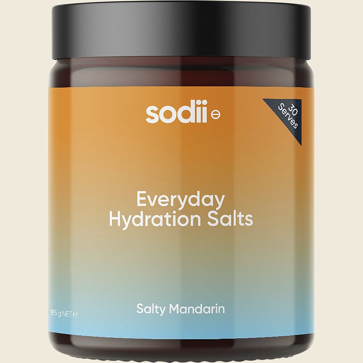 185g tub of Sodii Everyday Hydration Salts in Salty Mandarin flavor with orange and white labeling.
