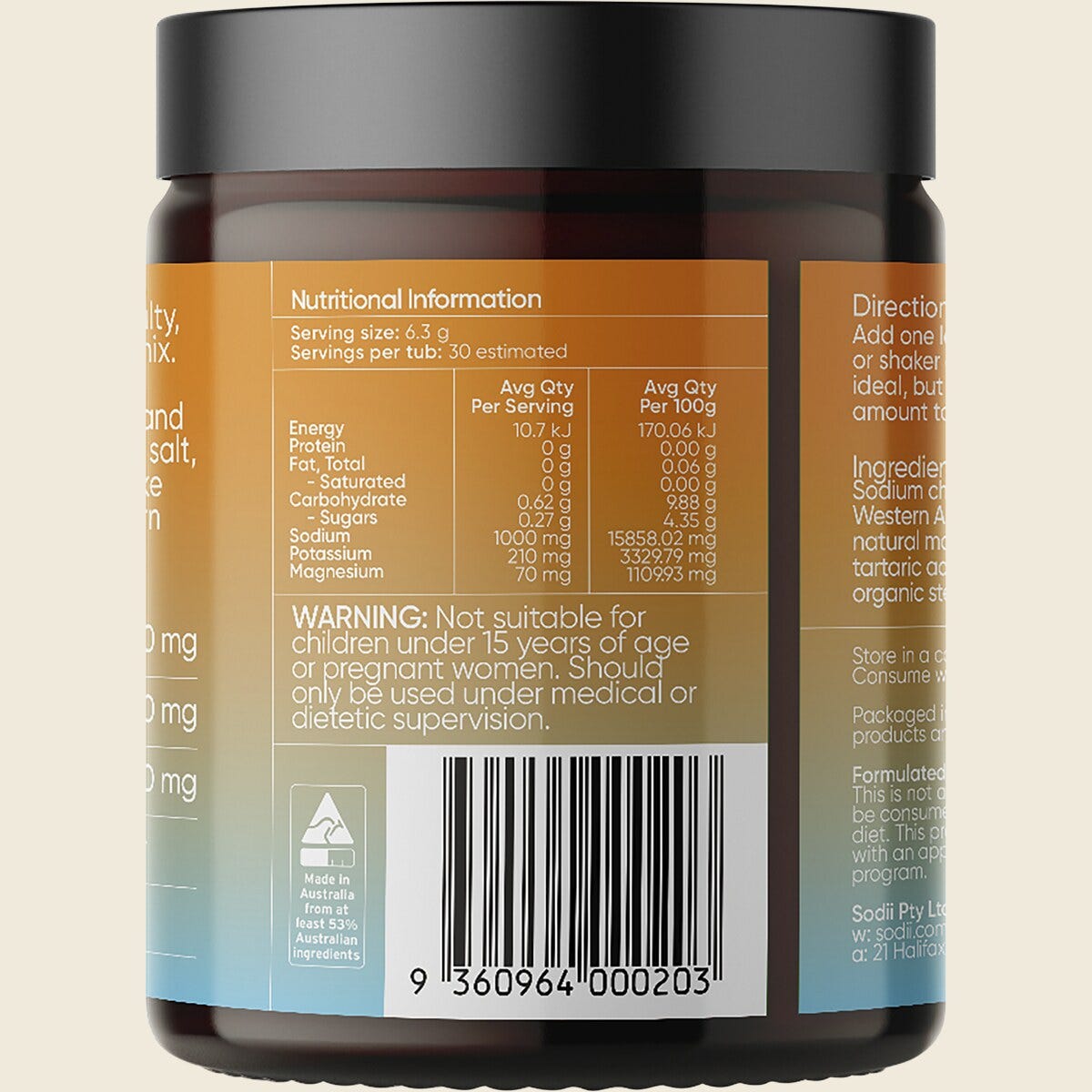 Rear view of a 185g tub of Sodii Salty Mandarin Hydration Salts showing nutritional information and directions.