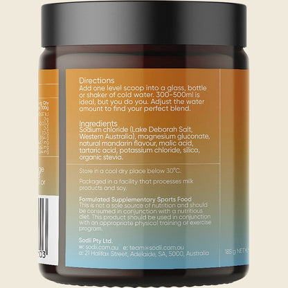 Left side of a 185g Sodii Salty Mandarin tub showing key benefits and the "True Hydration Starts Here" message.