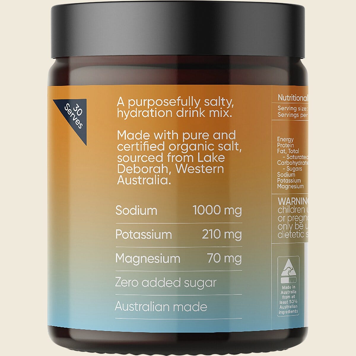 Right side of a 185g Sodii Salty Mandarin tub showing dietary labels like Vegan and Gluten Free.