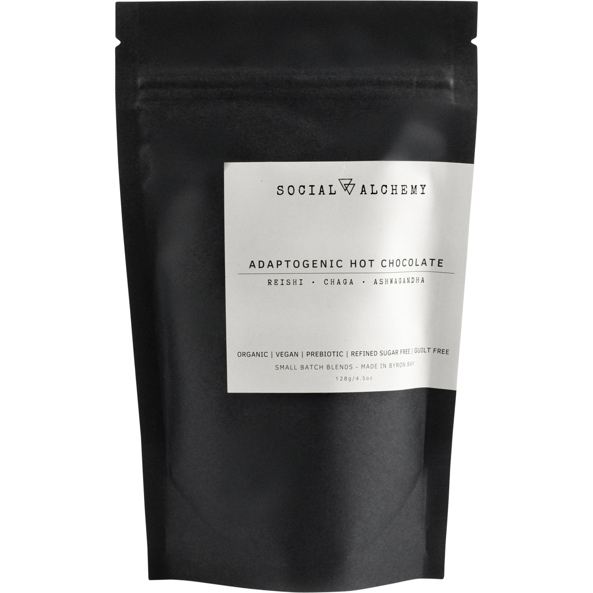 128g pouch of Social Alchemy Adaptogenic Hot Chocolate with organic cacao and medicinal mushrooms.