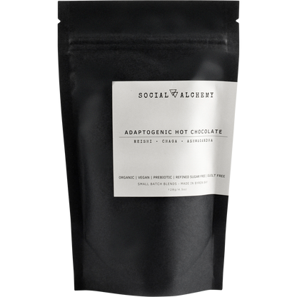 128g pouch of Social Alchemy Adaptogenic Hot Chocolate with organic cacao and medicinal mushrooms.