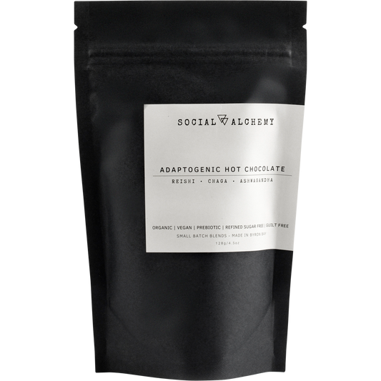 128g pouch of Social Alchemy Adaptogenic Hot Chocolate with organic cacao and medicinal mushrooms.