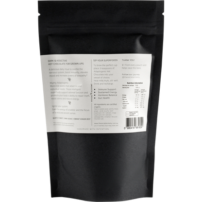 Back of Social Alchemy Adaptogenic Hot Chocolate pouch showing ingredients and nutritional information.