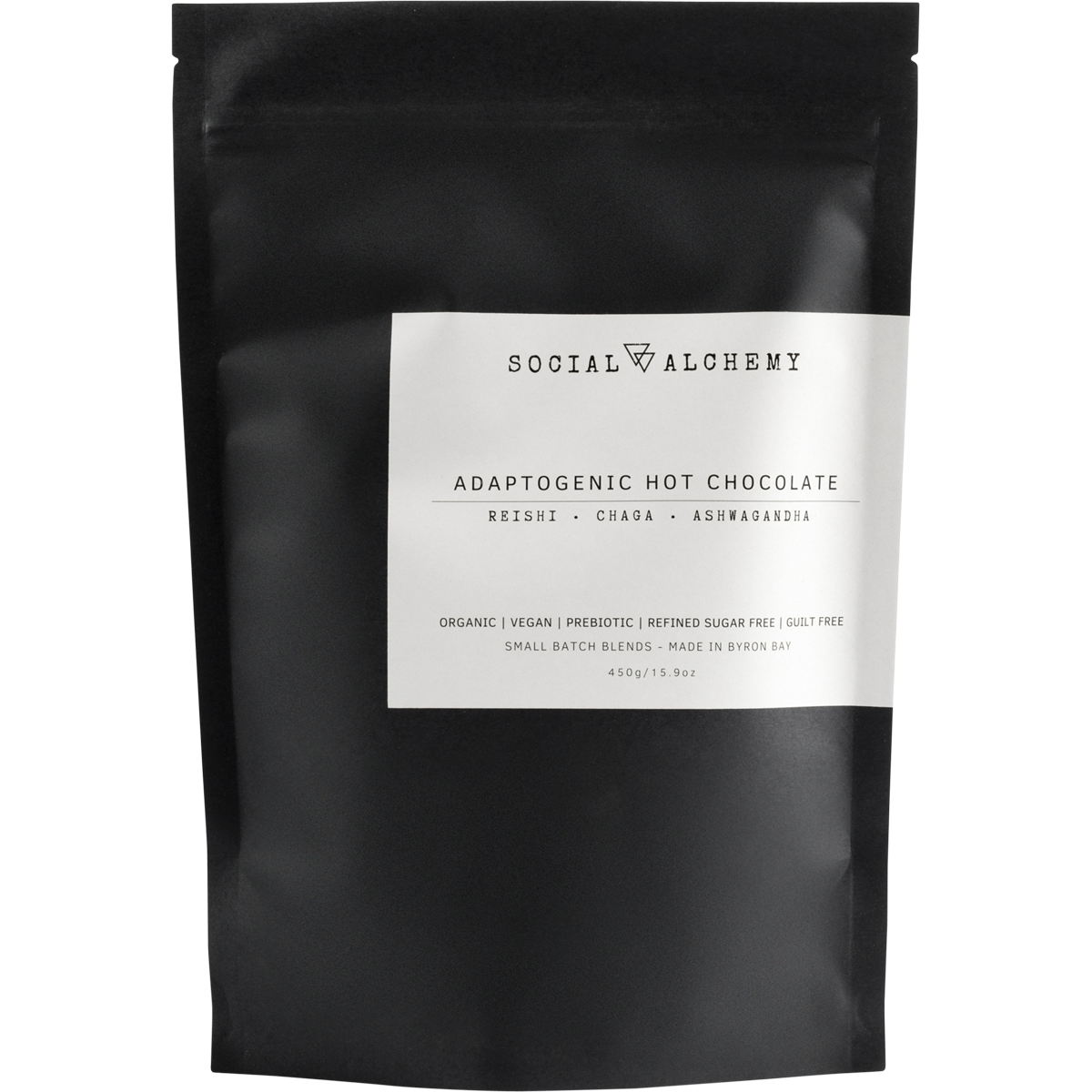 450g tub of Social Alchemy Adaptogenic Hot Chocolate with Reishi, Chaga, and Ashwagandha on a white background.