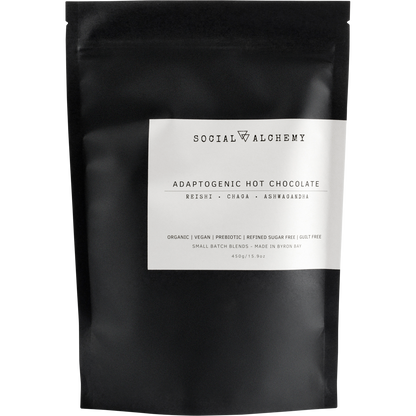 450g tub of Social Alchemy Adaptogenic Hot Chocolate with Reishi, Chaga, and Ashwagandha on a white background.