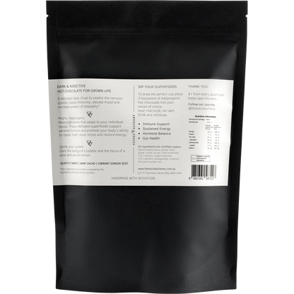 Back of Social Alchemy Adaptogenic Hot Chocolate 450g tub showing ingredients and nutritional information.