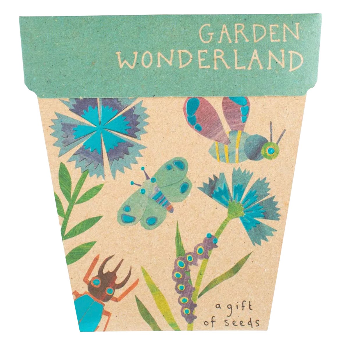 Sow n Sow Garden Wonderland Gift of Seeds featuring bug and flower illustrations on a turquoise-foiled recycled card.