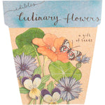 Culinary Flowers Gift of Seeds packet featuring botanical illustrations of nasturtium, viola, and cornflower.