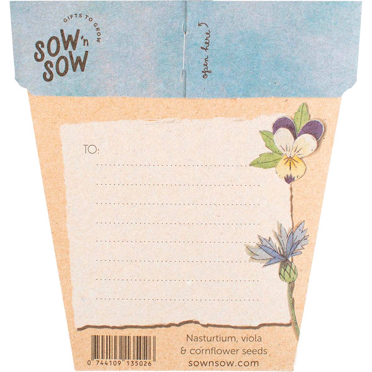Back of a Culinary Flowers seed packet with planting instructions and a biodegradable plant label.