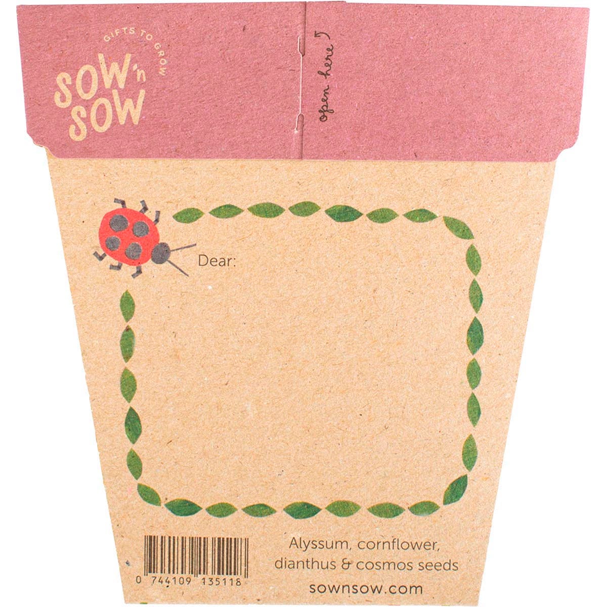 Back of a Sow n Sow Enchanted Garden seeds card with sowing instructions and a plant label on recycled card.