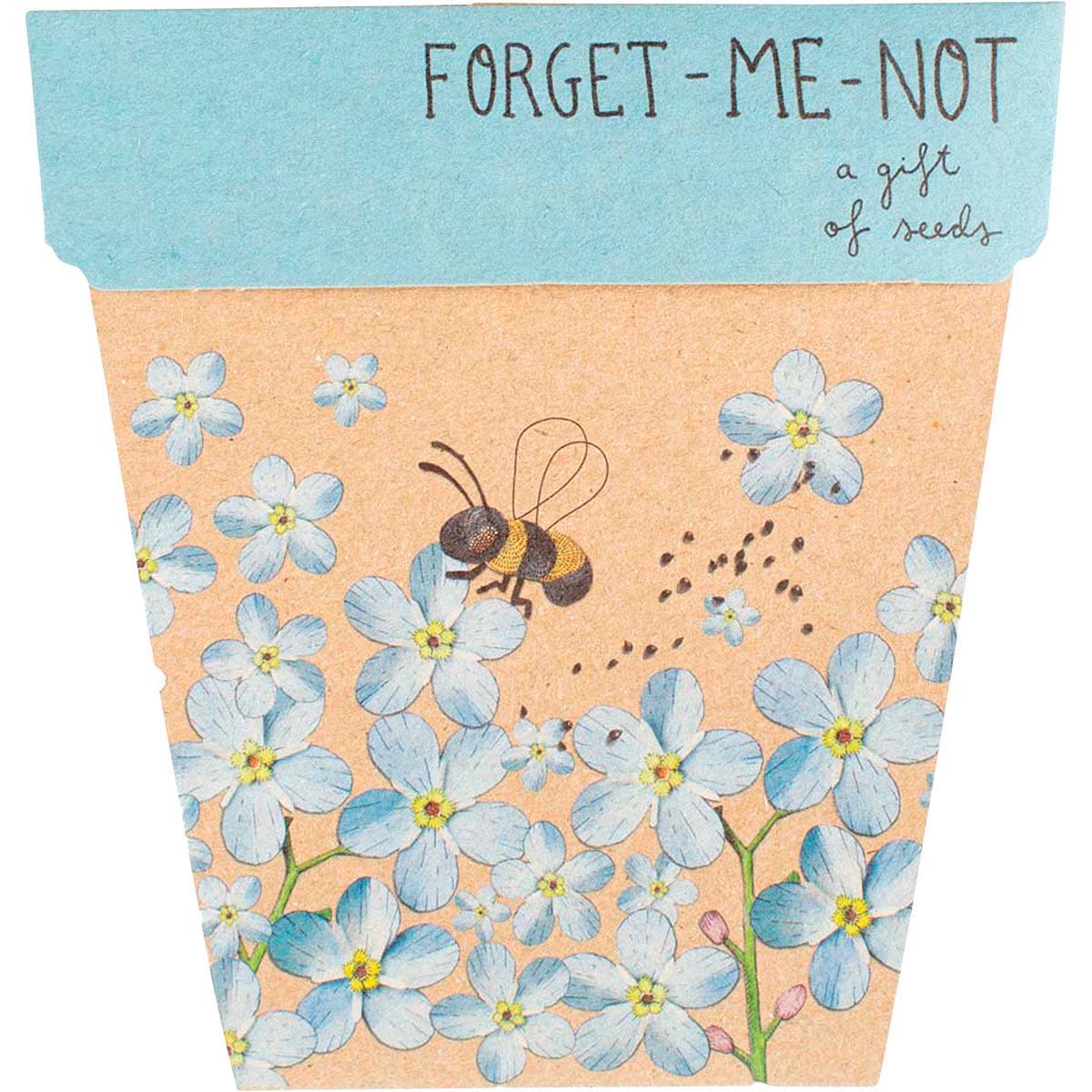Forget-me-not Gift of Seeds packet with blue flower illustrations and a recycled mailing envelope.