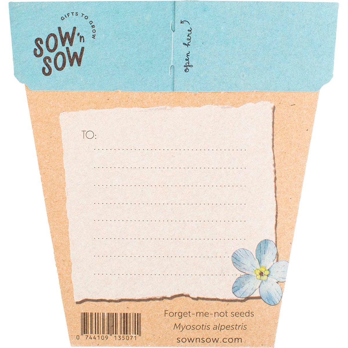 Back of a Forget-me-not Gift of Seeds packet with planting instructions and space to write a personal message.