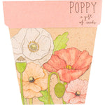 Illustrated Poppy Gift of Seeds greeting card with red flowers and a kraft envelope on a white background.