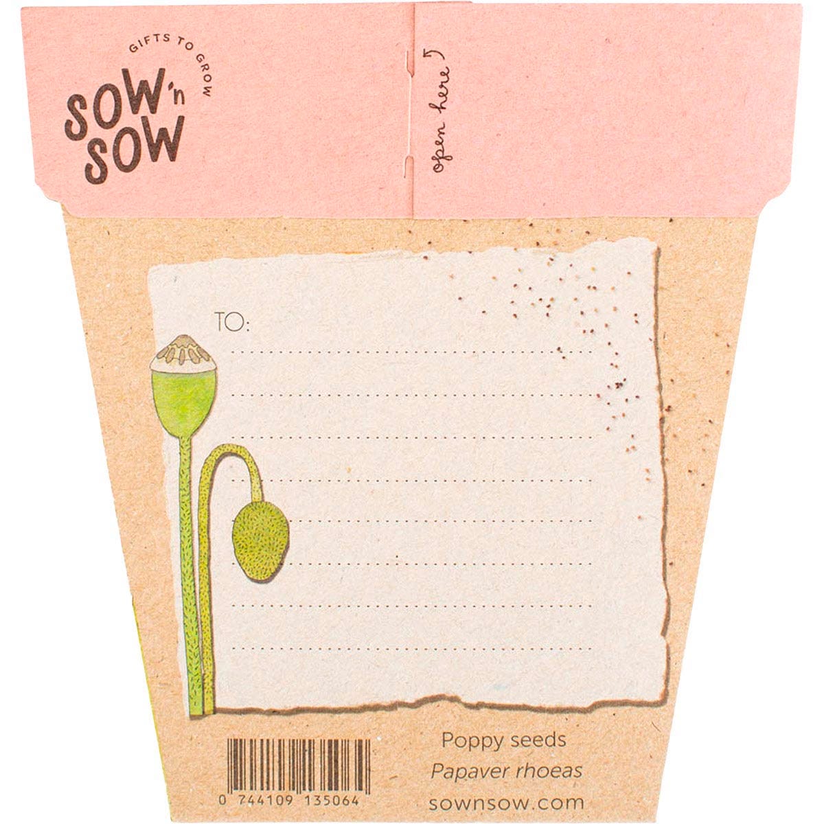 Back of a Poppy Gift of Seeds card with sowing instructions, a plant label, and a recycled kraft envelope.
