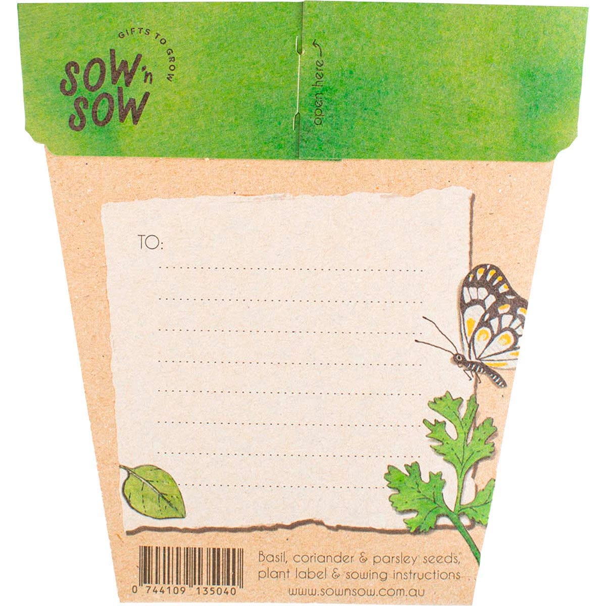 Back of the Trio of Herbs Gift of Seeds packet with sowing instructions, variety details, and a space for a message.