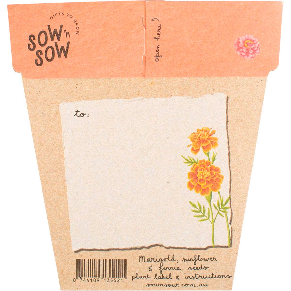 Back of a Secret Garden Gift of Seeds card showing planting instructions, a plant label, and seeds in a recycled envelope.