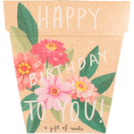 Sow 'n' Sow Happy Birthday Zinnia Gift of Seeds featuring colorful floral illustrations and a recycled kraft envelope.