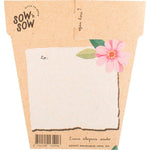 Back of a Sow 'n' Sow Happy Birthday Zinnia seed packet with message space, planting instructions, and a kraft envelope.