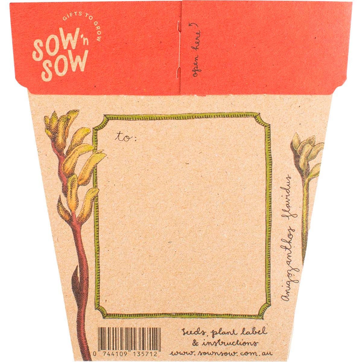 Back of Sow 'n Sow Kangaroo Paw seed packet with planting instructions and a recycled kraft envelope.