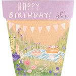 Happy Birthday Picnic Gift of Seeds featuring a field of flowers illustration with snapdragon, cosmos, and cornflower seeds.