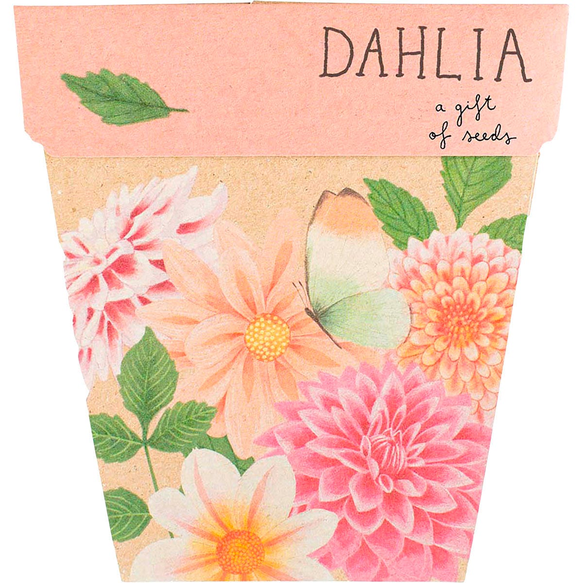 Sow 'n Sow Dahlia Gift of Seeds featuring a colorful floral illustration on a recycled greeting card with a kraft envelope.