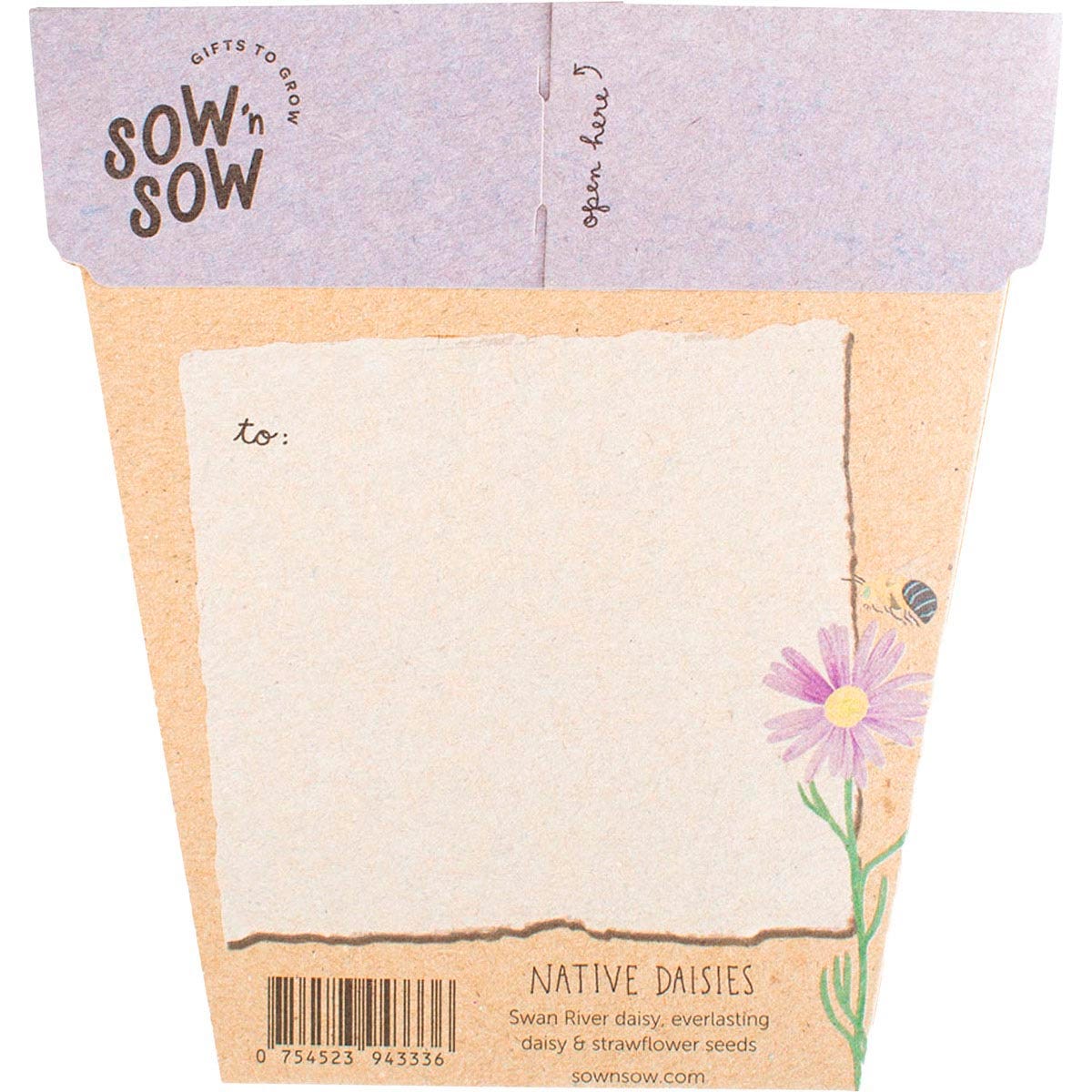 Back of Sow 'n Sow Native Daisies Gift of Seeds card showing sowing instructions and a recycled brown envelope.