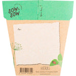 Back of a Sow 'n Sow Gift of Seeds Herbs packet with sowing instructions and a tear-away plant label on recycled card.