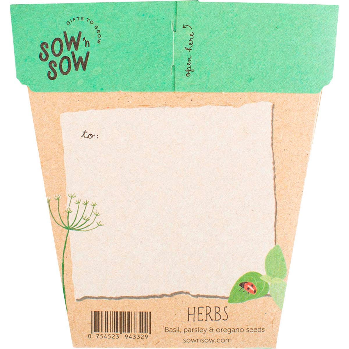Back of a Sow 'n Sow Gift of Seeds Herbs packet with sowing instructions and a tear-away plant label on recycled card.