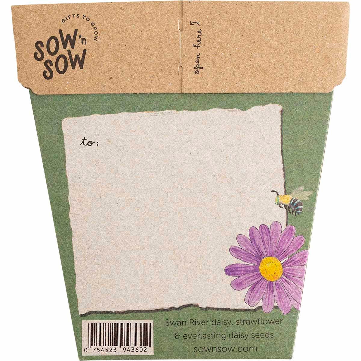 Back of a Sow n Sow Birthday Wishes seed pack with sowing instructions and a recycled kraft envelope.