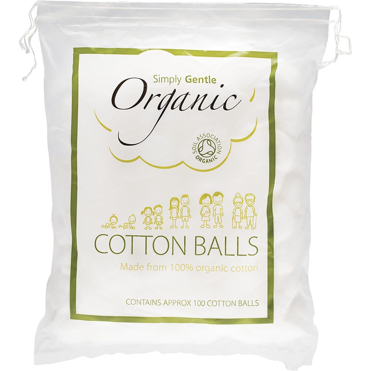 Simply Gentle Organic 100-pack of soft, certified organic cotton balls in a white and green resealable bag.