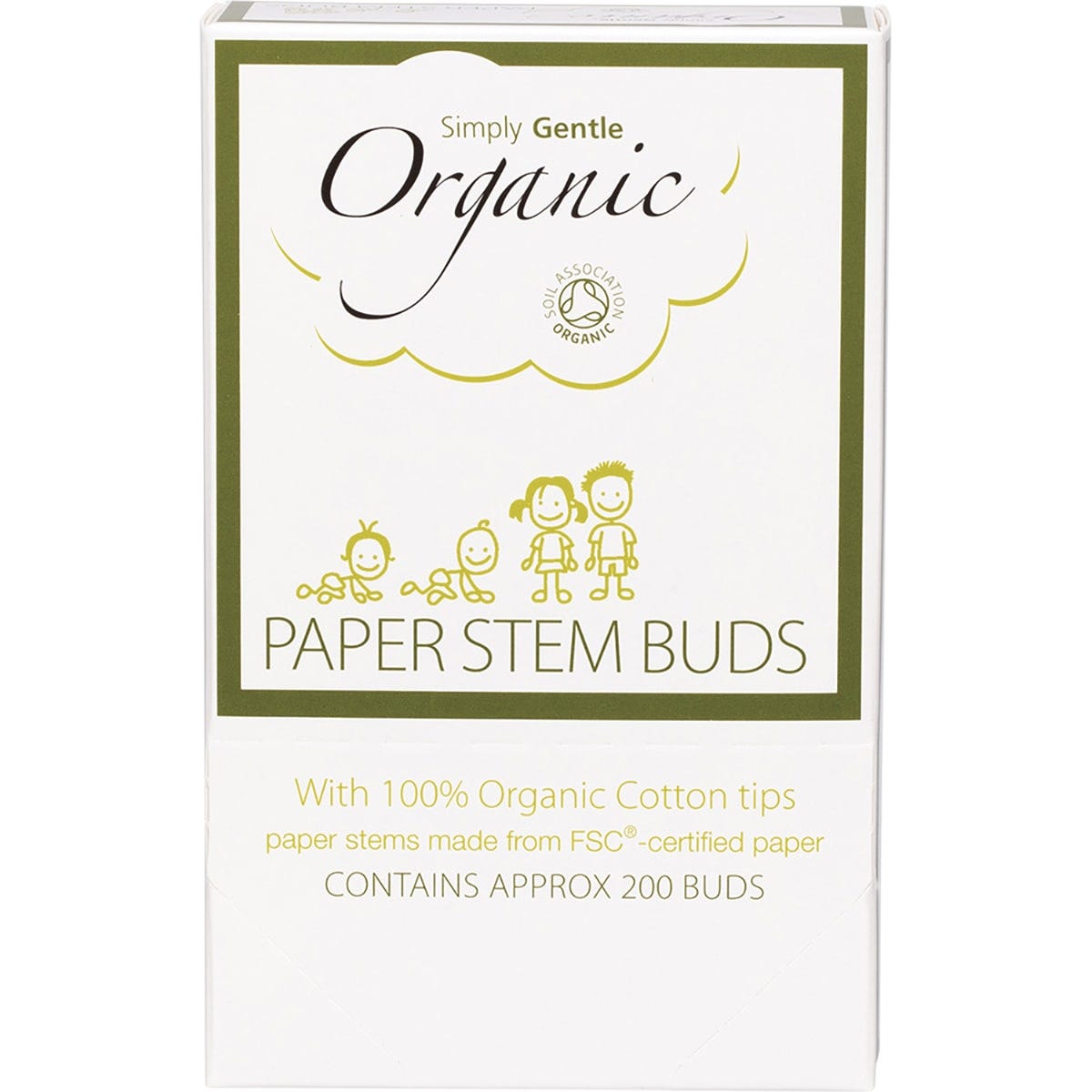 Pack of 200 Simply Gentle Organic cotton tips with eco-friendly paper stems in a recyclable cardboard box.