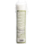 Back of a Simply Gentle Organic Cotton Pads pack, showing product details and a barcode on a blue and white bag.