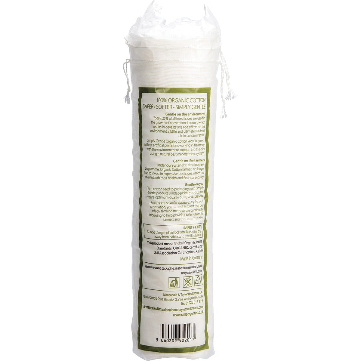 Back of a Simply Gentle Organic Cotton Pads pack, showing product details and a barcode on a blue and white bag.
