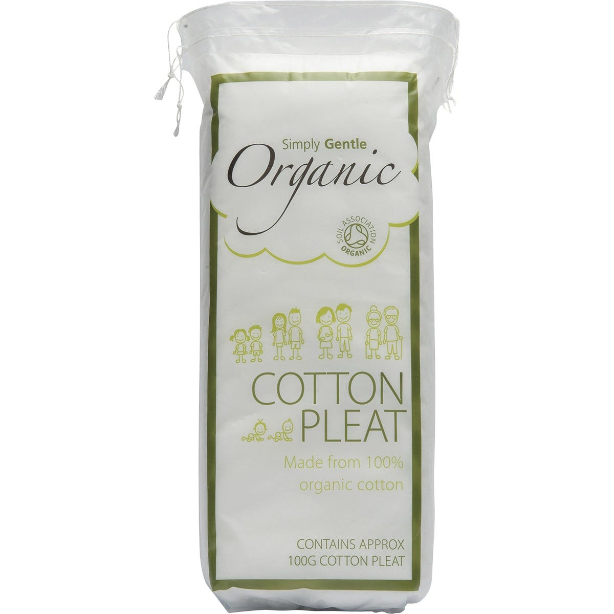100g pack of Simply Gentle Organic Cotton Pleat featuring a blue drawstring bag and Soil Association Organic logo.