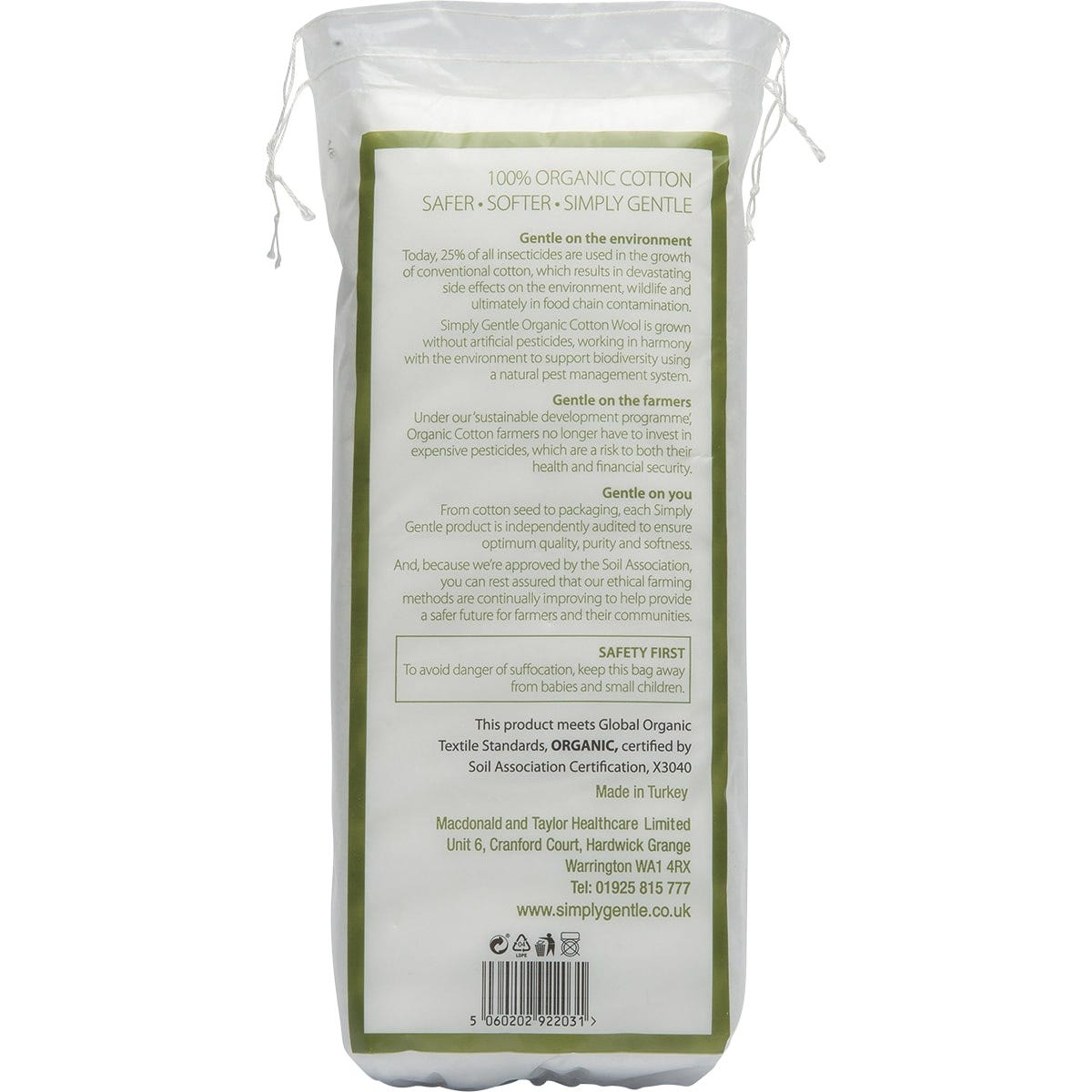 Back of Simply Gentle Organic Cotton Pleat 100g packaging with product information and Soil Association logo.