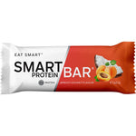 Wrapped 60g Smart Protein Bar in Apricot Coconut flavor with orange and white packaging on a white background.