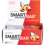 Retail display box of Smart Protein Bar Apricot Coconut featuring individual 60g bars and product benefits.