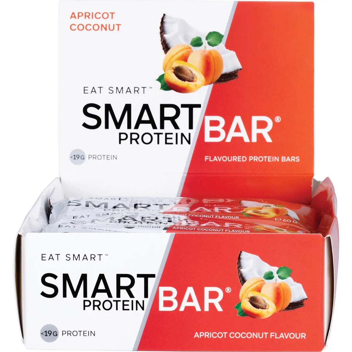 Retail display box of Smart Protein Bar Apricot Coconut featuring individual 60g bars and product benefits.