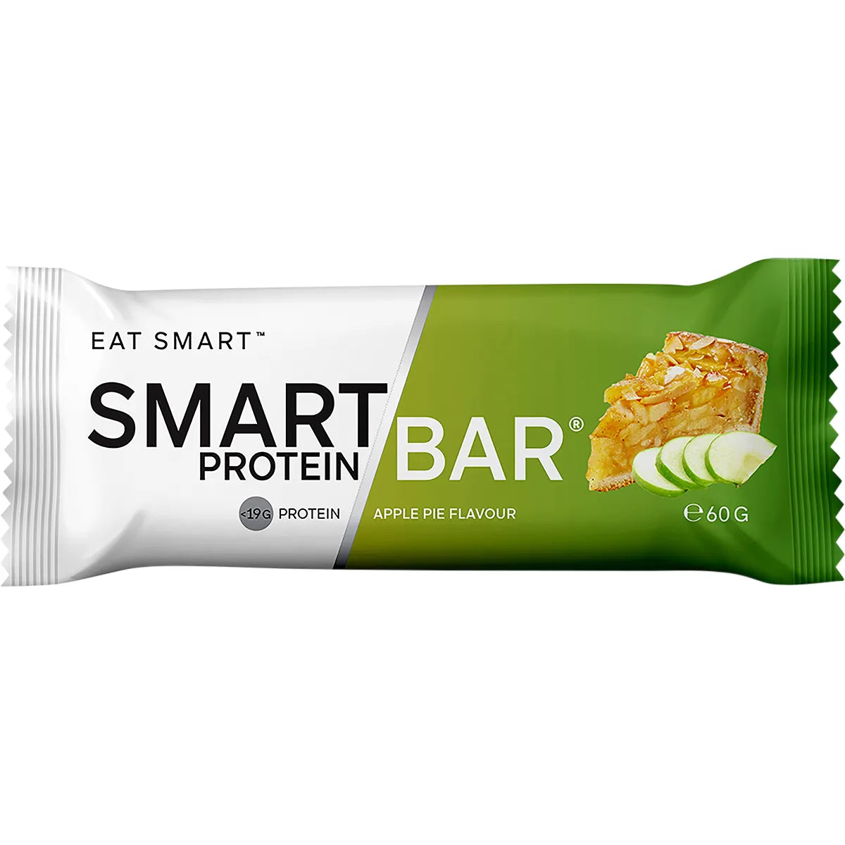 Single Smart Protein Bar in Apple Pie flavour, 60g, highlighting 20g protein and organic apple chunks.