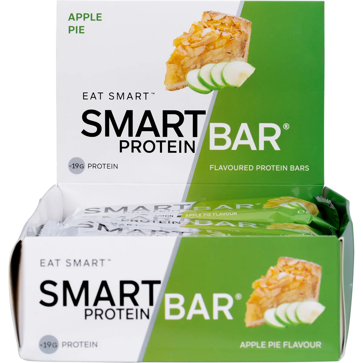 Side view of an Apple Pie flavour Smart Protein Bar display box on a white background.