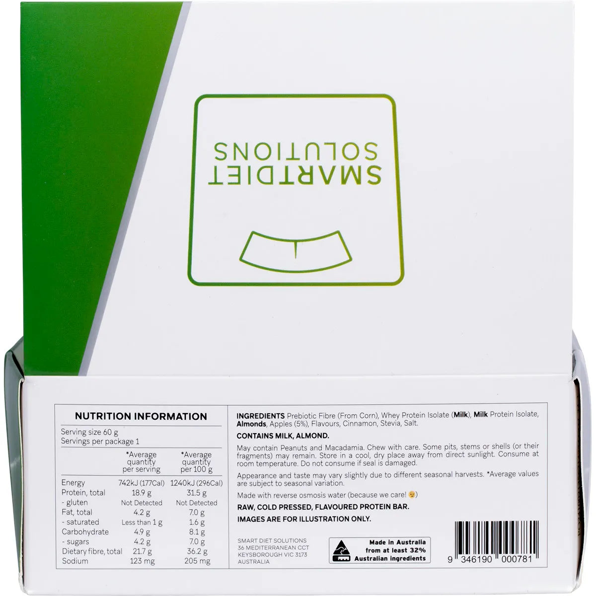 Back of Apple Pie Smart Protein Bar display box showing nutrition facts, ingredients, and key product features.