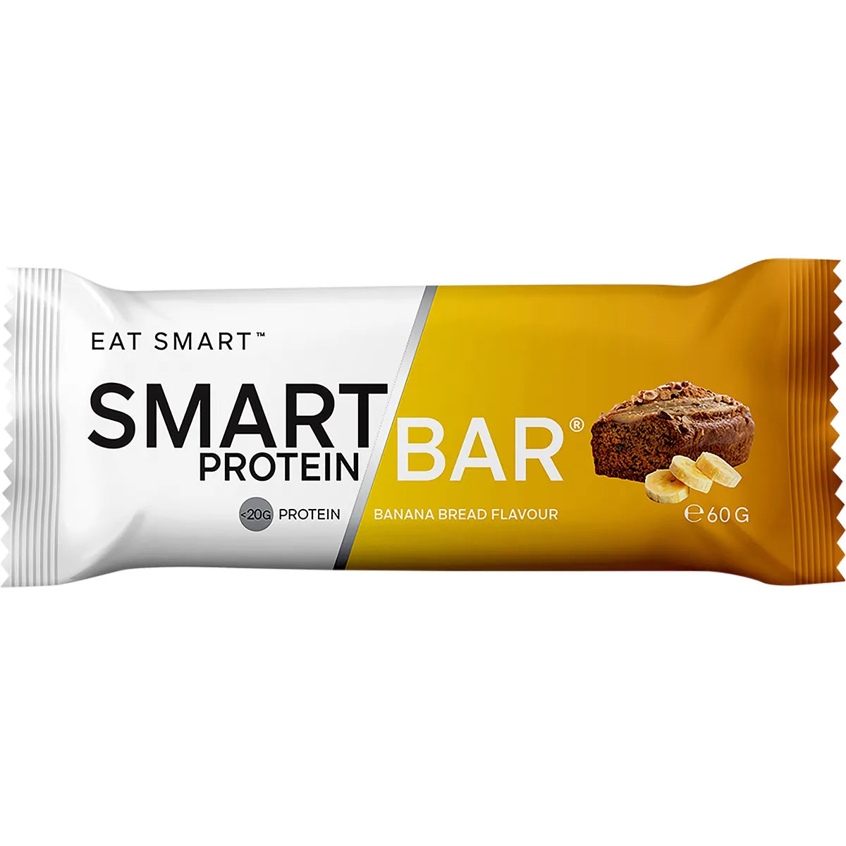 Single 60g Smart Protein Bar in Banana Bread flavor with sliced banana and a cinnamon stick.