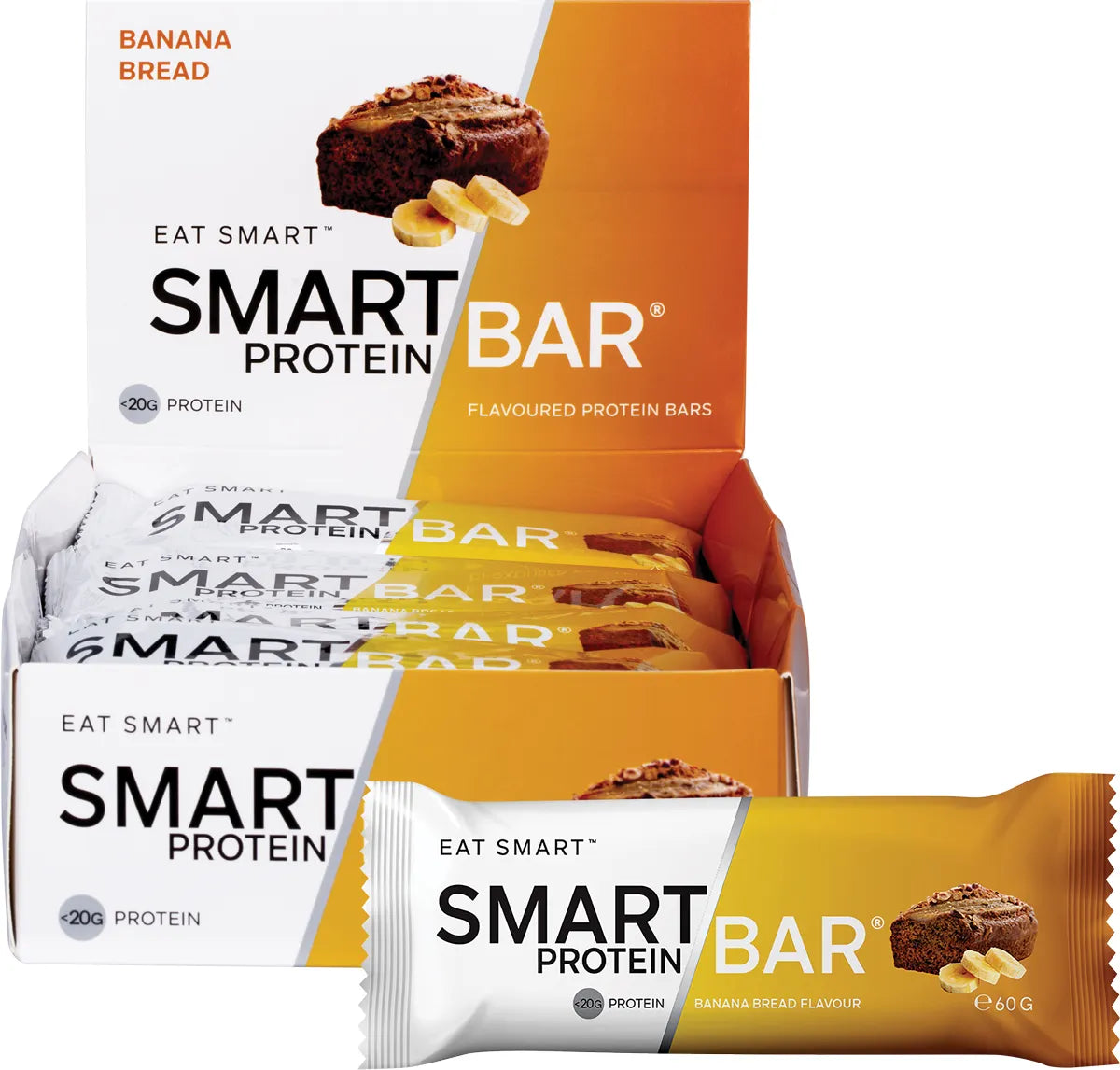 Banana bread flavor Smart Protein Bar 12-pack box with a single bar and sliced banana pieces.