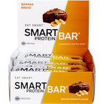 Display box of 12 Banana Bread Smart Protein Bars on a white background with a single bar and banana slices.