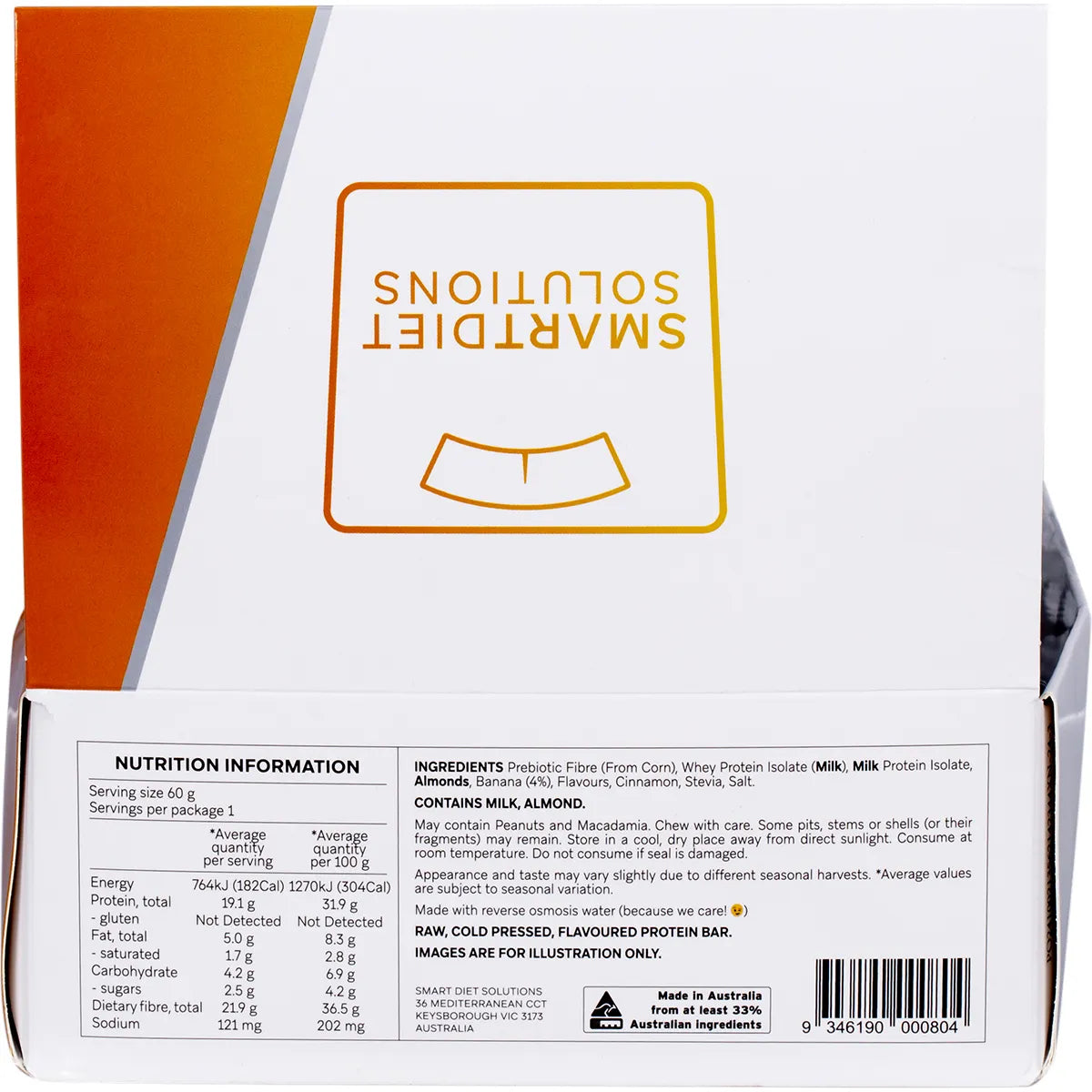 Back of Smart Protein Bar Banana Bread box with nutrition facts, ingredients, and 12x60g pack information.