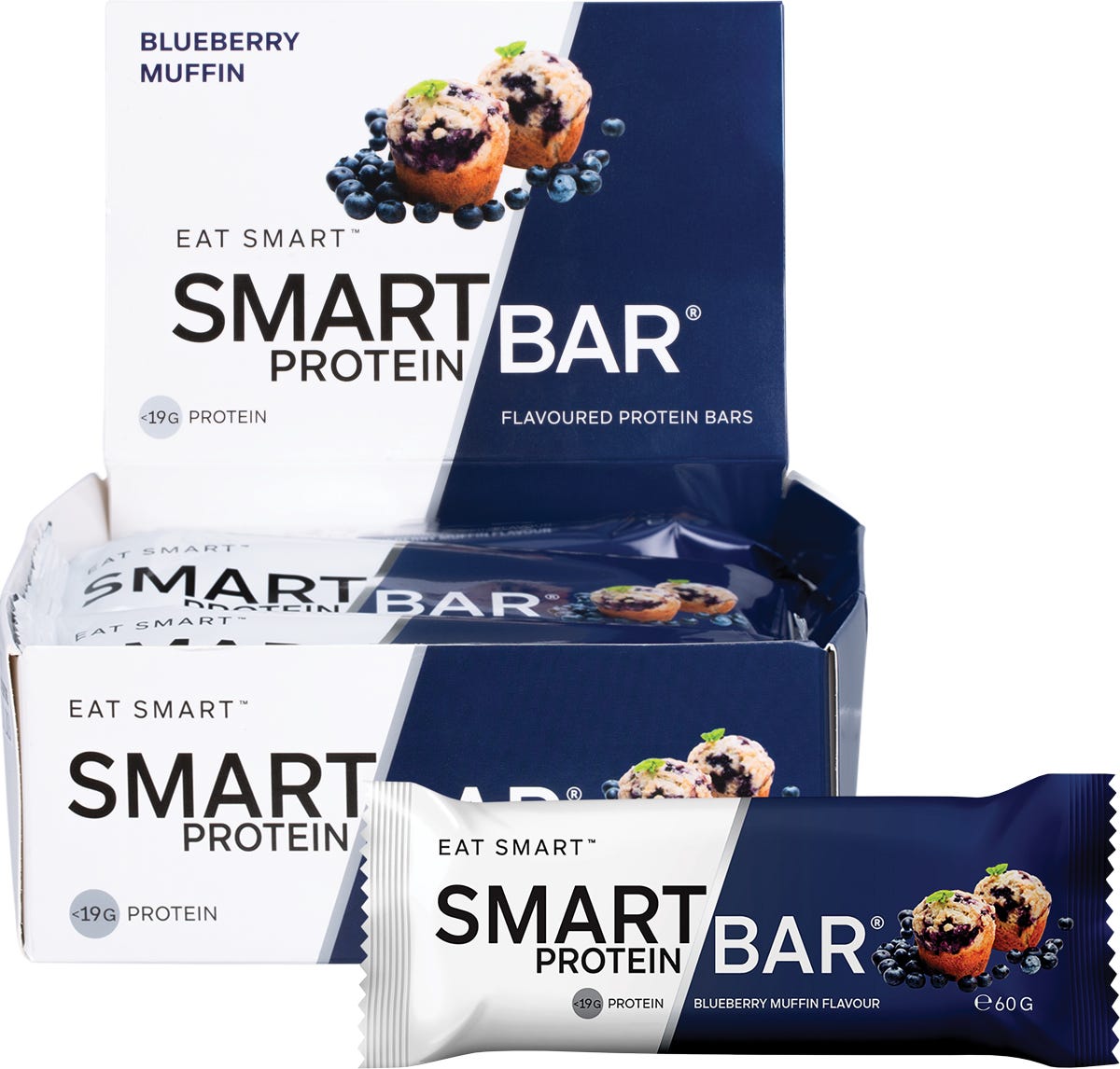 Blueberry Muffin Smart Protein Bar 60g pack of 12 with a single bar and muffin illustration on a blue background.